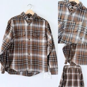 Wolverine Brown White Checked Flannel Button Shirt Adult Size Medium Long Sleeve